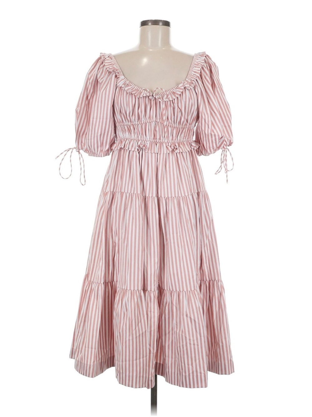 En Saison Pink and White Striped Tiered Puff-Sleeve Dress